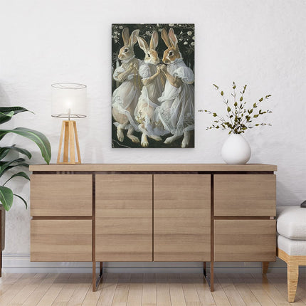 Canvas schilderij interieur Drie Konijnen in Witte Jurken