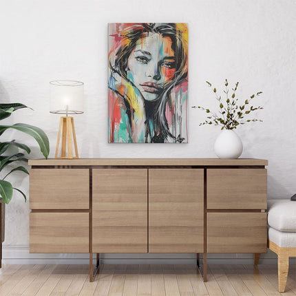 Canvas schilderij interieur Kunstwerk van een Vrouw met Kleurrijke Spetters op haar Gezicht