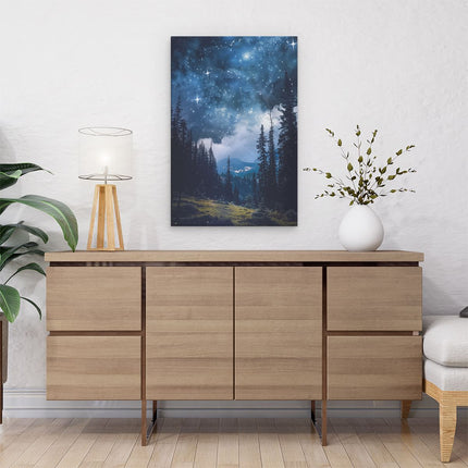 Canvas schilderij interieur Nachtelijke Hemel met Sterren en Bomen