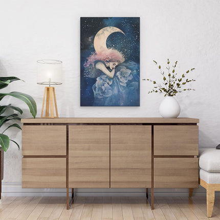 Canvas schilderij interieur Meisje met Roze haar Slaapt op de Maan