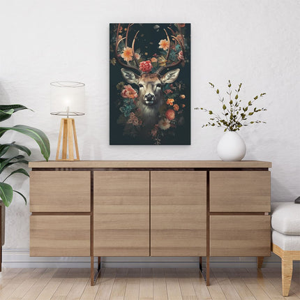 Canvas schilderij interieur Hert met Bloemen op zijn Hoofd