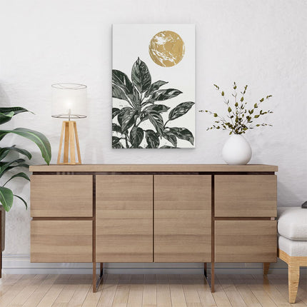 Canvas schilderij interieur Illustratie van een Plant met een Gouden Maan op de Achtergrond