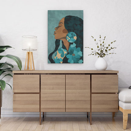Canvas schilderij interieur Vrouw met Lang haar en Bloemen in haar Haar