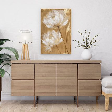 Canvas schilderij interieur Witte Bloemen op een Gouden Achtergrond