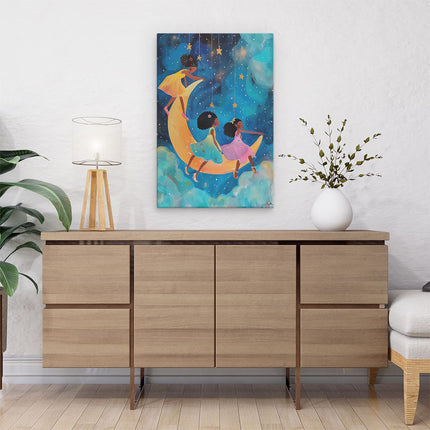 Canvas schilderij interieur Drie Meisjes op een Halve Maan