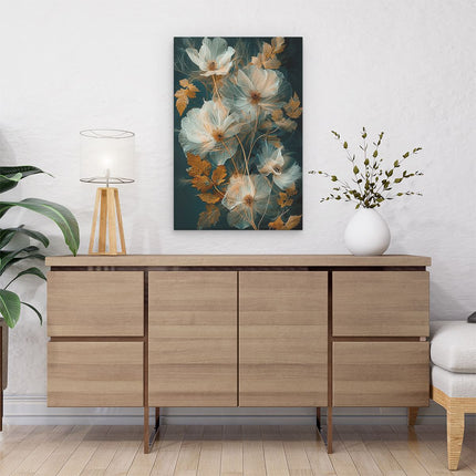 Canvas schilderij interieur Witte Bloemen op een Donkere Achtergrond