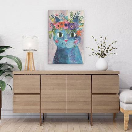 Canvas schilderij interieur Blauwe Kat met Bloemen op zijn Kop