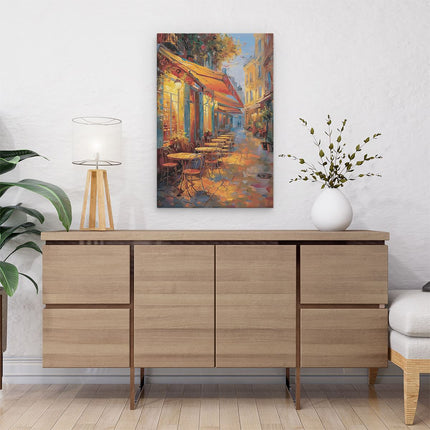 Canvas schilderij interieur Kunstwerk van een Straattafereel met Tafels en Stoelen