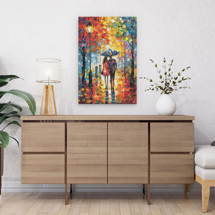 Canvas schilderij interieur Paar dat in de Regen loopt met een Paraplu