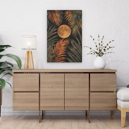 Canvas schilderij interieur Tropische Achtergrond met een Volle Maan en Palmbladeren