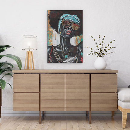 Canvas schilderij interieur Vrouw met Afro en Zonnebril