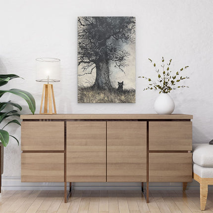 Canvas schilderij interieur Zwarte Kat onder een Boom