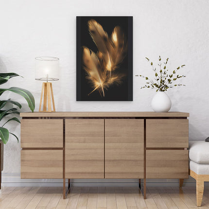 Canvas schilderij interieur Gouden Veren op een Zwarte Achtergrond