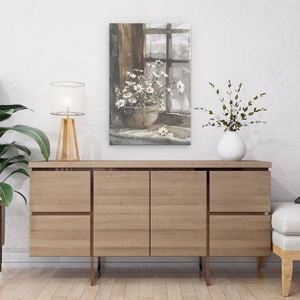 Canvas schilderij interieur Aquarelkunstwerk van Madeliefjes op een Vensterbank
