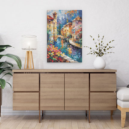 Canvas schilderij interieur Kunstwerk van een Gracht met Huizen en Bloemen