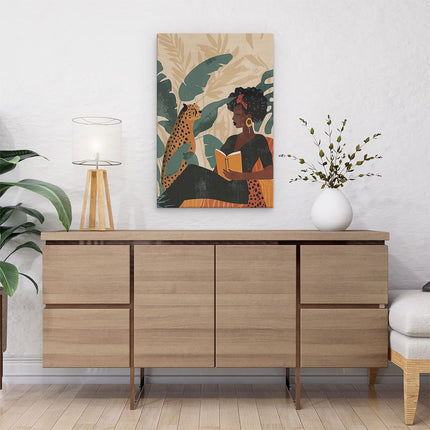 Canvas schilderij interieur Vrouw die een Boek Leest met een Cheetah