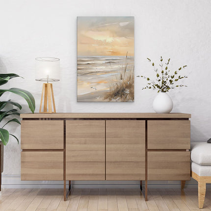 Canvas schilderij interieur Kunstwerk van een Strandtafereel met Meeuwen en Riet