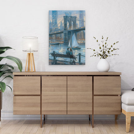 Canvas schilderij interieur Paar Zittend op een Bankje met Uitzicht op de Brooklyn Bridge