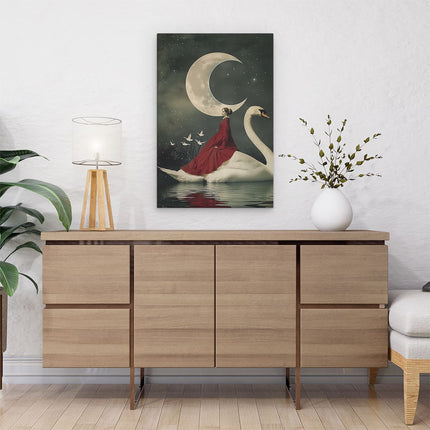 Canvas schilderij interieur Vrouw in een Rode Jurk die op een Zwaan Rijdt