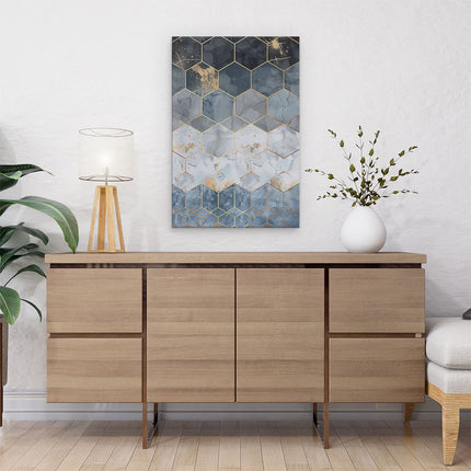 Canvas schilderij interieur Blauw en Goud Zeshoekig Patroon