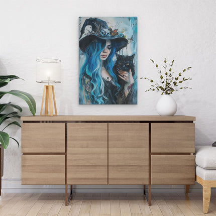 Canvas schilderij interieur Vrouw met Blauw haar die een Zwarte Kat Vasthoudt