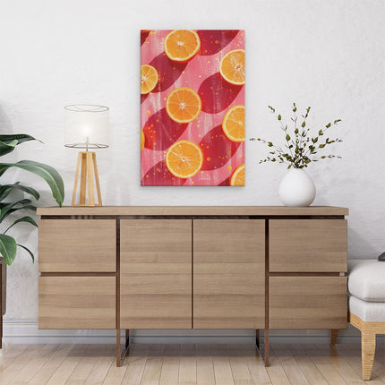 Canvas schilderij interieur Bosje Sinaasappelschijfjes op een Rood Oppervlak