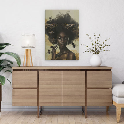 Canvas schilderij interieur Vrouw met een Afro Omringd door Bijen