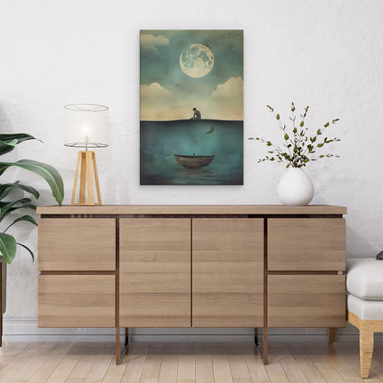 Canvas schilderij interieur Man zit op een Boot met een Vis in het Water