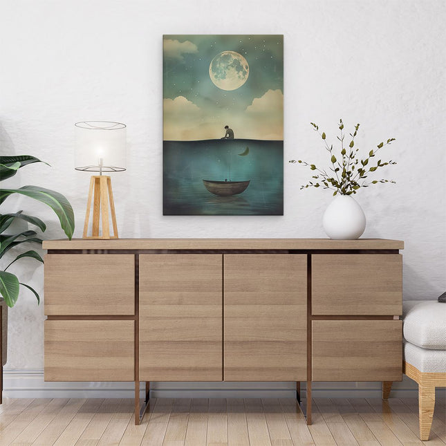 Canvas schilderij interieur Man zit op een Boot met een Vis in het Water