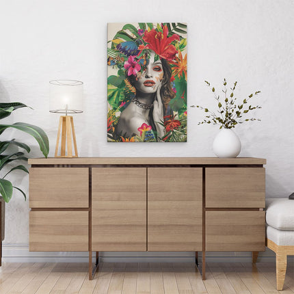 Canvas schilderij interieur Vrouw met Bloemen op haar Hoofd