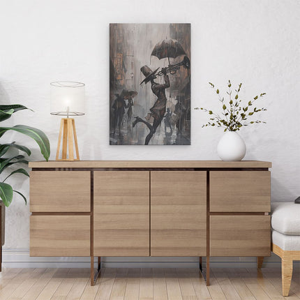 Canvas schilderij interieur Vrouw die Trompet speelt in de Regen