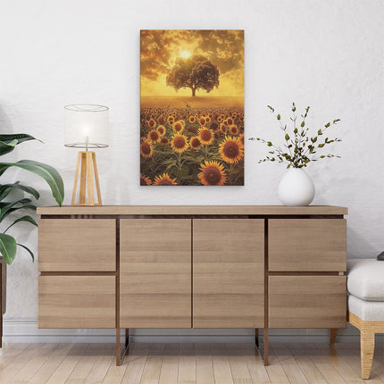 Canvas schilderij interieur Veld met Zonnebloemen met een Boom op de Achtergrond