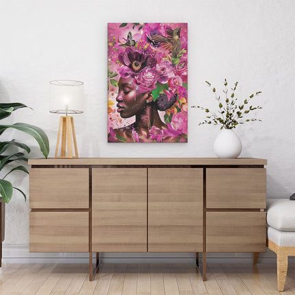 Canvas schilderij interieur Zwarte Vrouw met Bloemen op haar Hoofd