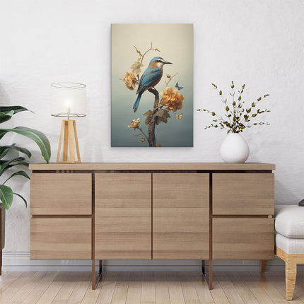 Canvas schilderij interieur Vogel Zat op een Tak met Bloemen