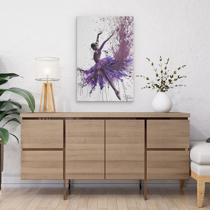 Canvas schilderij interieur Ballerina Springt in Paarse Verfspatten
