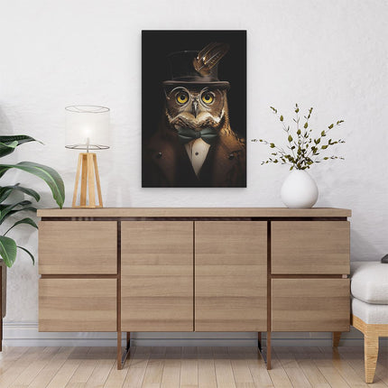 Canvas schilderij interieur Uil in Hoge Hoed