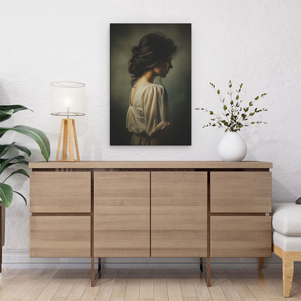 Canvas schilderij interieur Vrouw in een Witte Jurk met Donker Haar