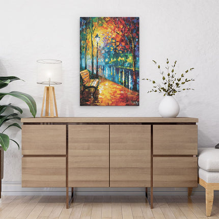 Canvas schilderij interieur Kunstwerk van een Bankje in de Regen