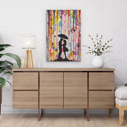 Canvas schilderij interieur Paar Kussen onder een Kleurrijke Paraplu
