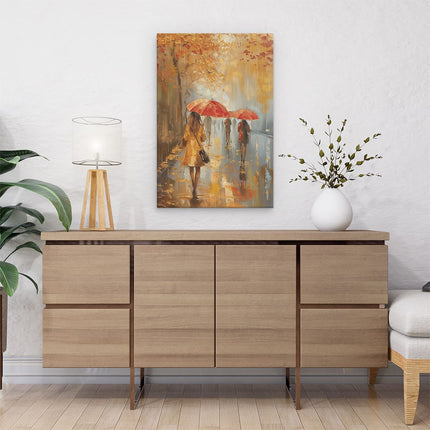 Canvas schilderij interieur Mensen die met Paraplu's in de Regen Lopen