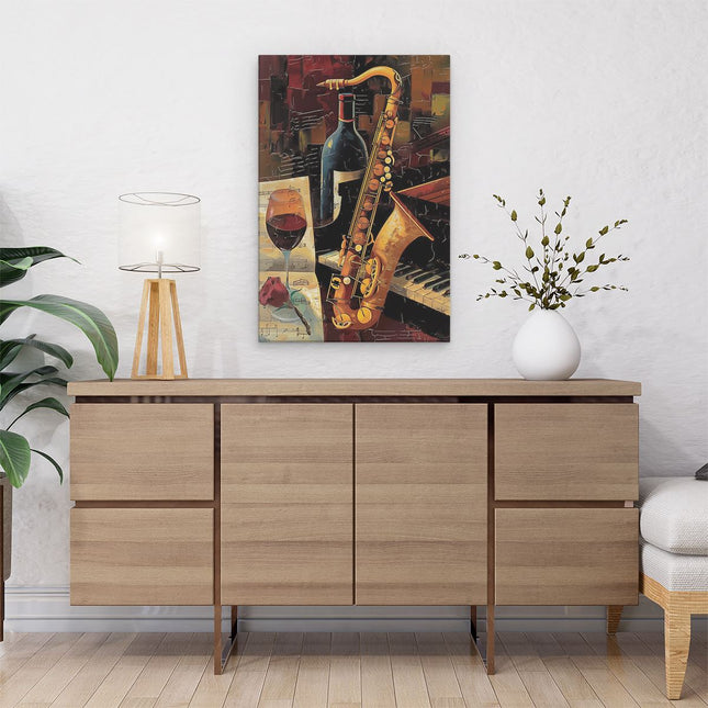 Canvas schilderij interieur Saxofoon en een Glas Wijn