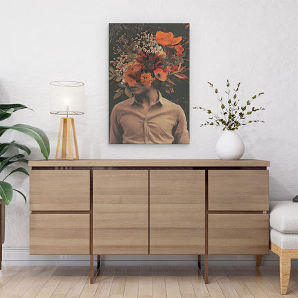 Canvas schilderij interieur Man met Bloemen op zijn Hoofd