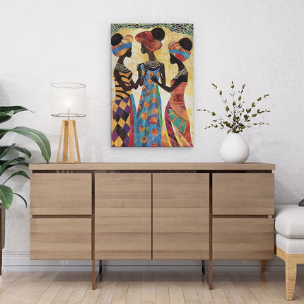 Canvas schilderij interieur Drie Afrikaanse Vrouwen in Kleurrijke Outfits