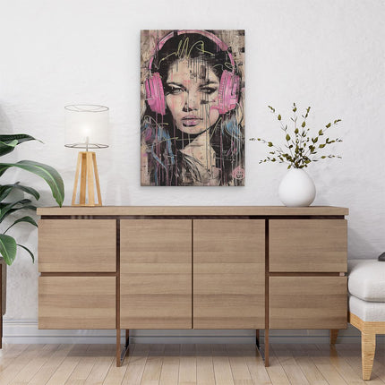 Canvas schilderij interieur Meisje met Roze Koptelefoon op haar Hoofd