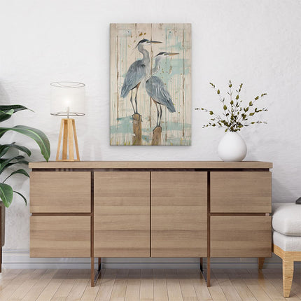 Canvas schilderij interieur Twee Blauwe Reigers op een Houten Paal