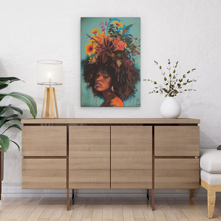 Canvas schilderij interieur Vrouw met Bloemen op haar Hoofd