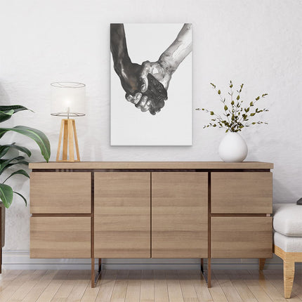 Canvas schilderij interieur Zwart Wit Tekening van Twee Mensen die Elkaar de Hand Schudden
