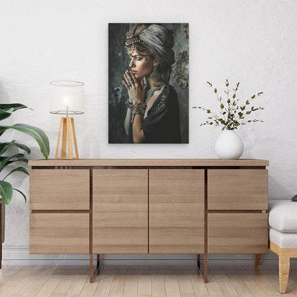 Canvas schilderij interieur Vrouw met een Tulband en Sieraden