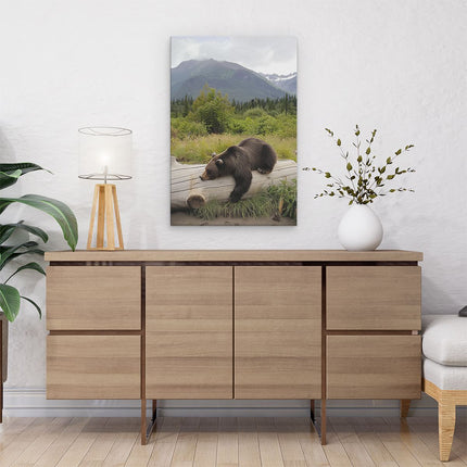 Canvas schilderij interieur Beer Slaapt op een Boomstam
