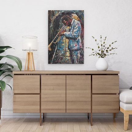 Canvas schilderij interieur Kunstwerk van een Jazzmuzikant die een Trompet Speelt